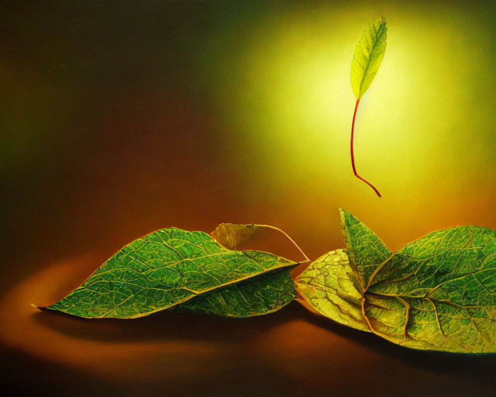 Floating leaf above resting leaves and red object on warm backdrop.