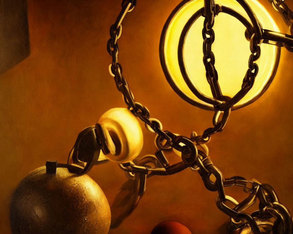 Abstract oil painting: cannonball, pacifier, metal ring in warm light