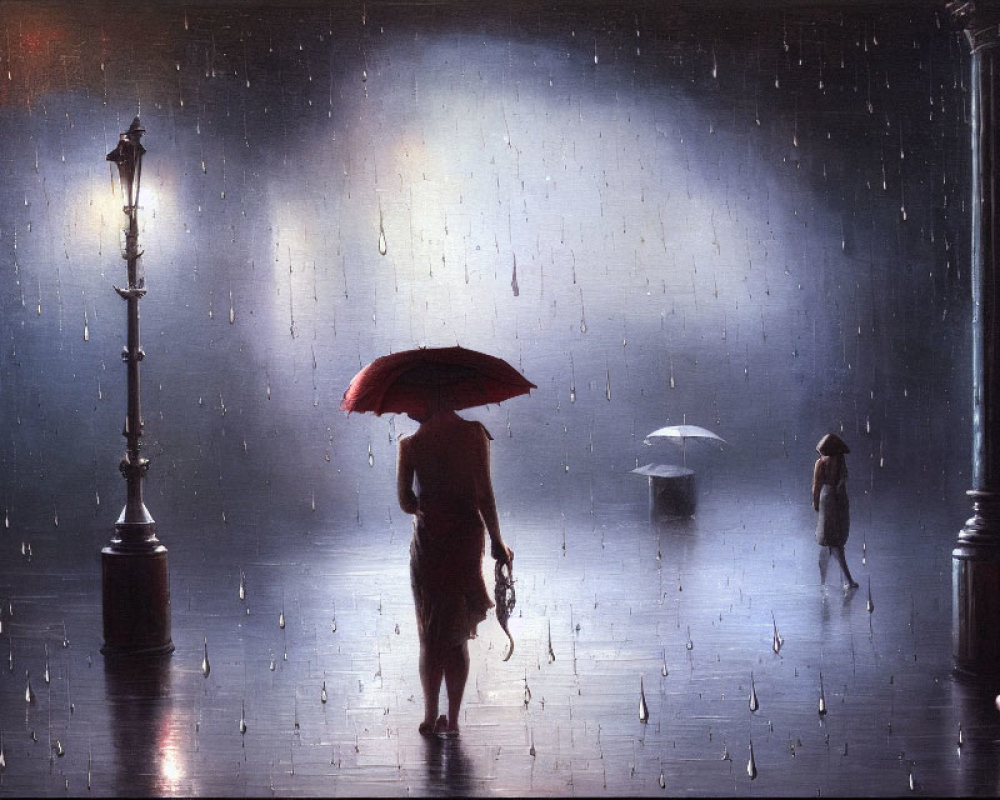 Red and white umbrella people walking on rainy street next to lamppost