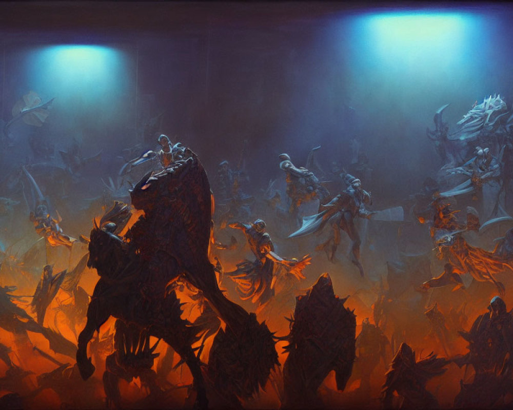 Fantasy Battle Scene with Glowing Lights and Warriors