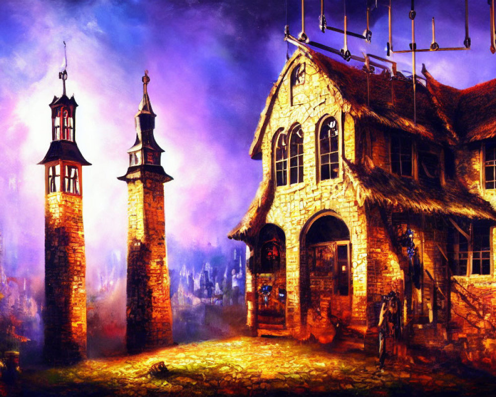 Fantasy painting of stone building with turrets and banners