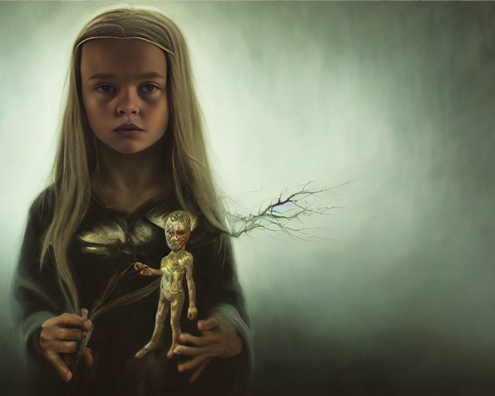 Blonde girl holding branch with small humanoid figure on dark background