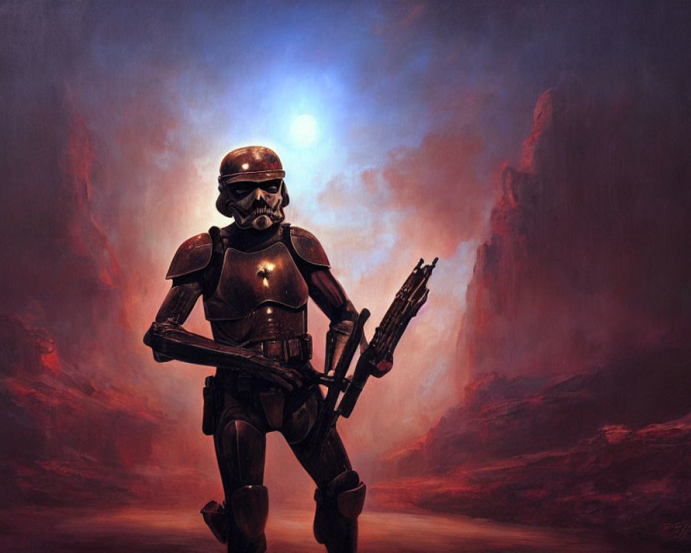 Futuristic soldier in reddish-brown armor on alien planet with dual suns