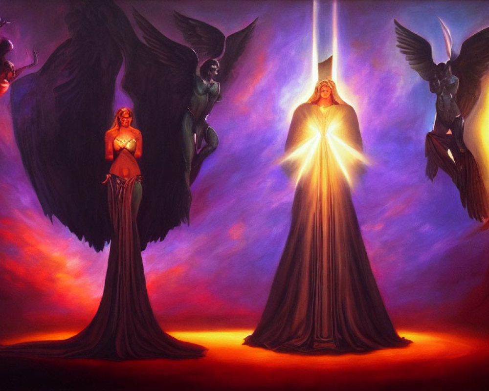 Colorful painting of five angelic figures with wings against fiery background