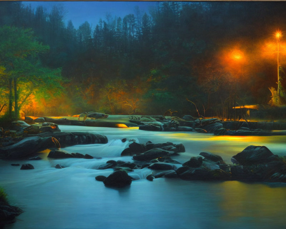 Tranquil twilight landscape with river, rocks, trees, and streetlights