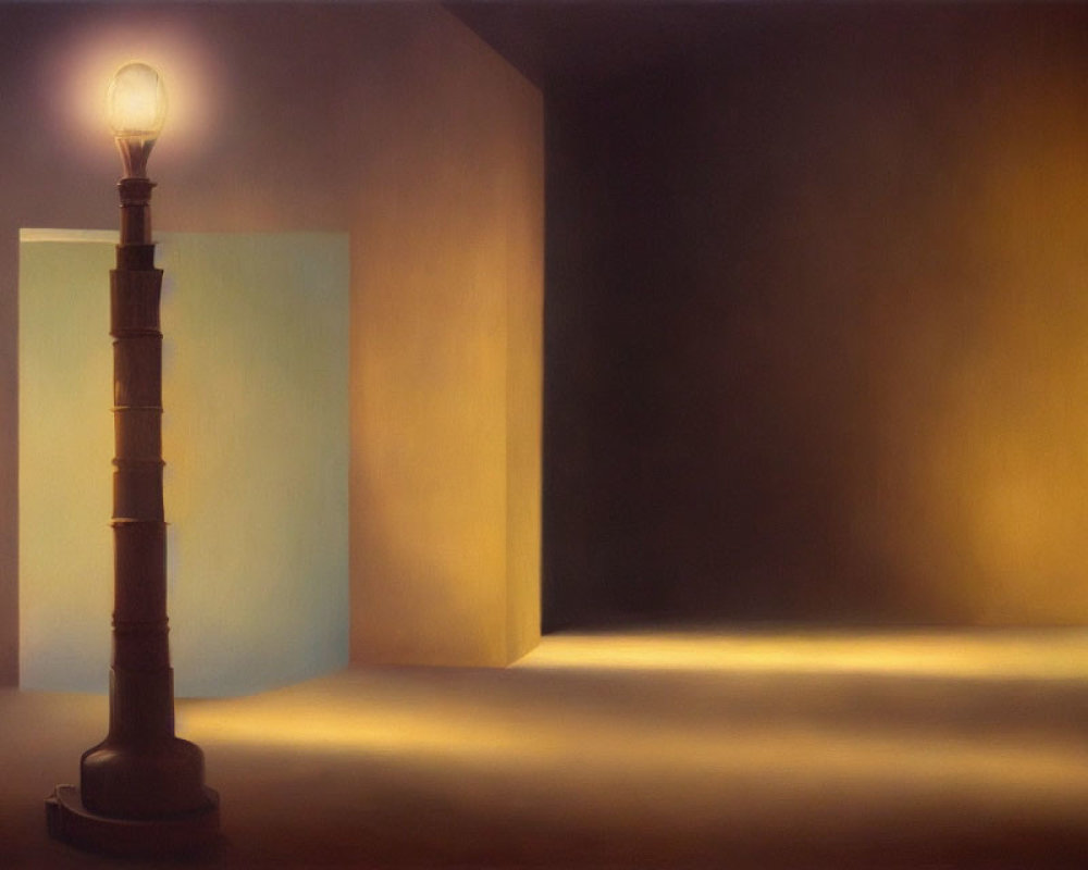 Surreal painting of glowing lightbulb on segmented lamp post