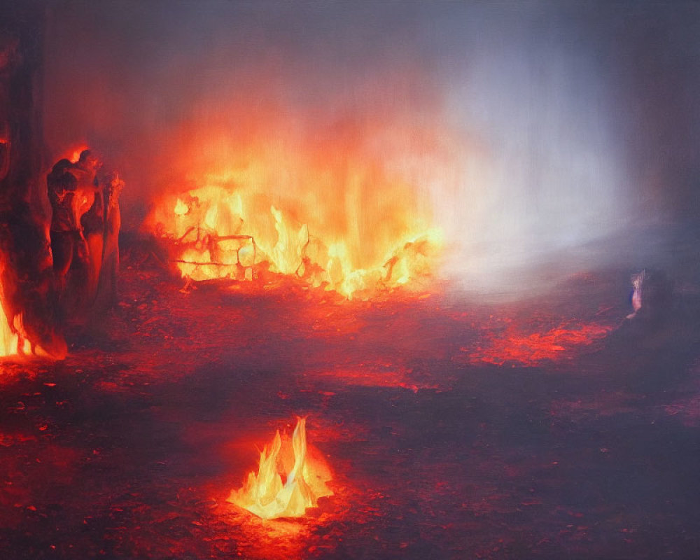 Intense painting with fiery flames and shaded figures