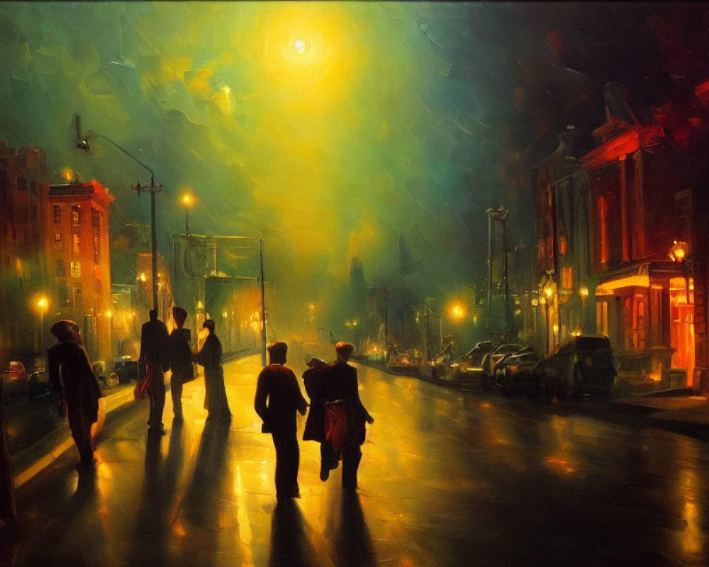 Night cityscape painting with people walking on wet street under streetlights