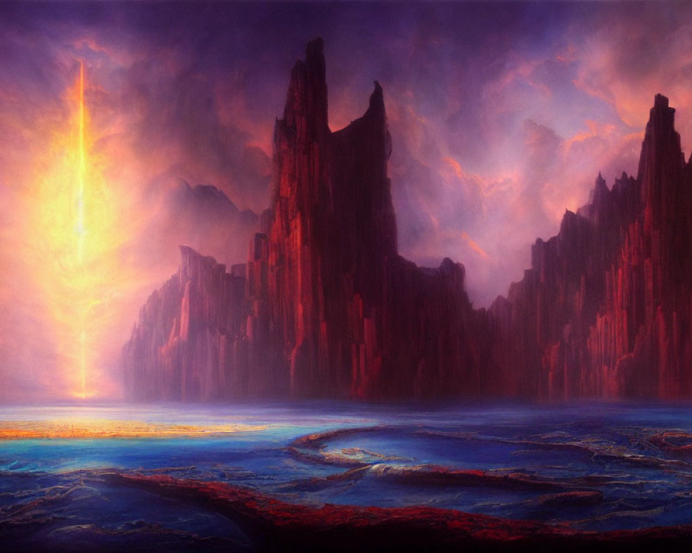 Majestic crimson cliffs, glowing light, mist, and blue river landscape