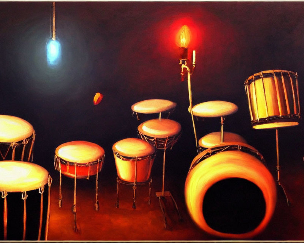 Dramatic drum set painting with dark background and glowing snare drum