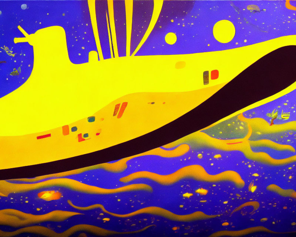 Colorful Yellow Submarine in Psychedelic Underwater Scene