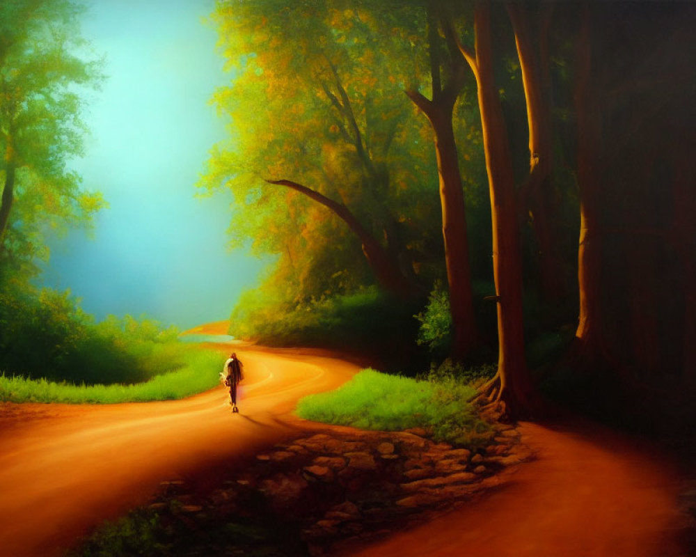 Tranquil scene: person walking on sunlit path with misty trees