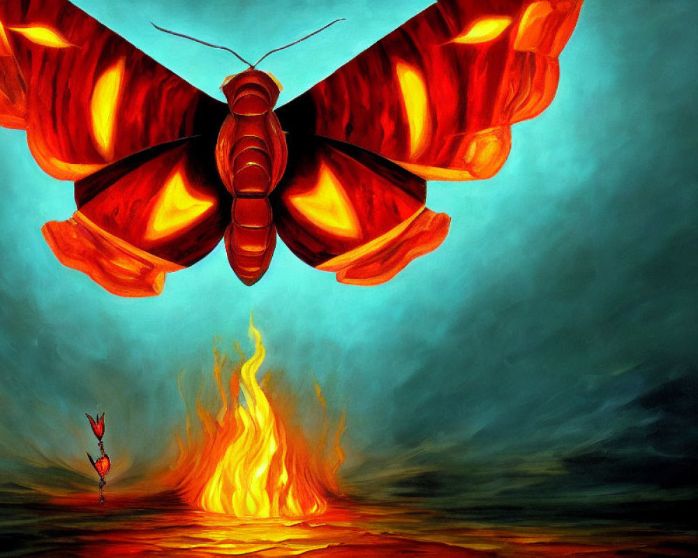 Stylized butterfly with red and orange wings above flame on teal background