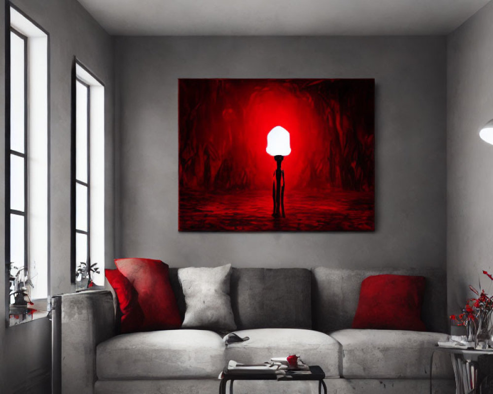 Modern Living Room with Grey Sofa and Eerie Red Painting