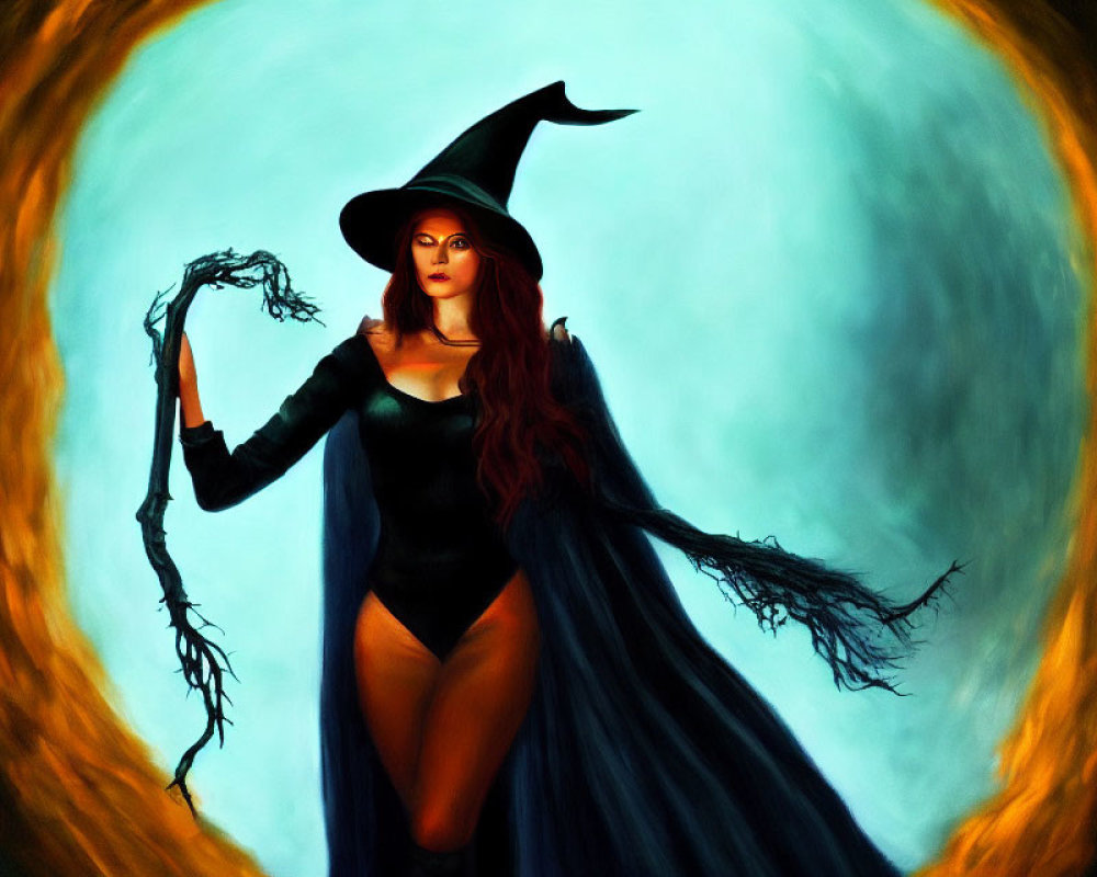 Red-haired witch with staff, black hat, and cape under moon.