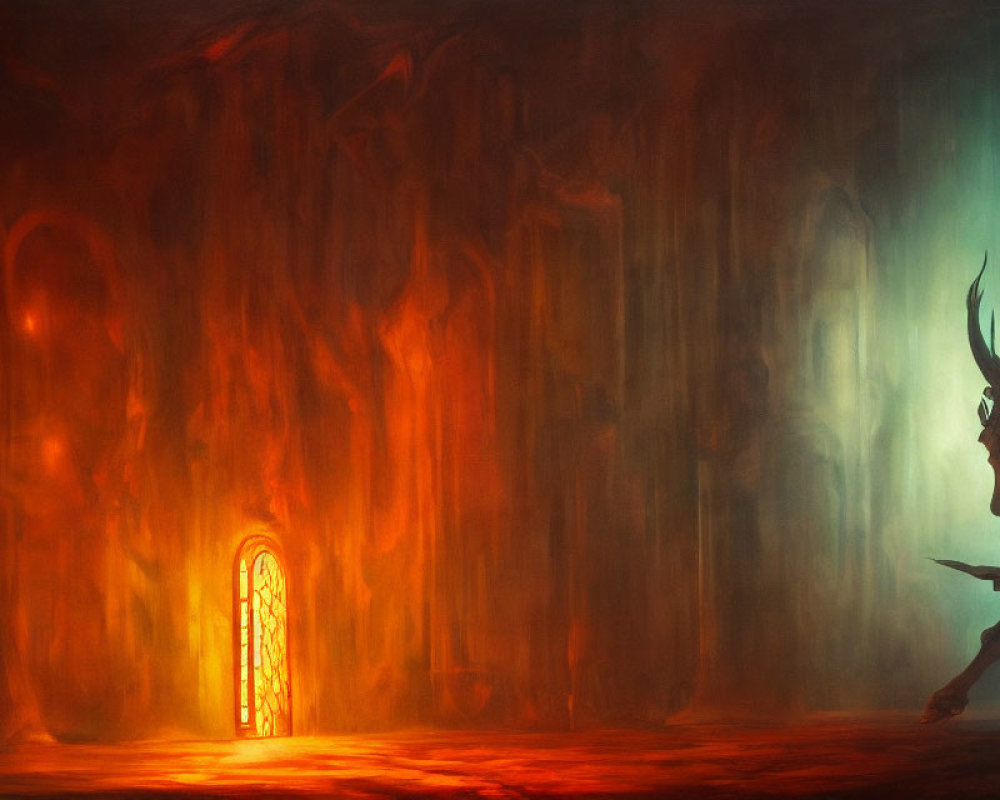 Shadowy horned creature in fiery cavernous landscape with glowing door