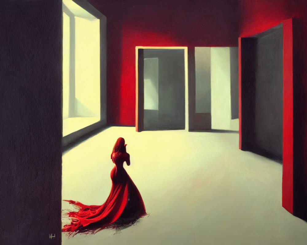 Woman in red dress in empty room with dramatic lighting