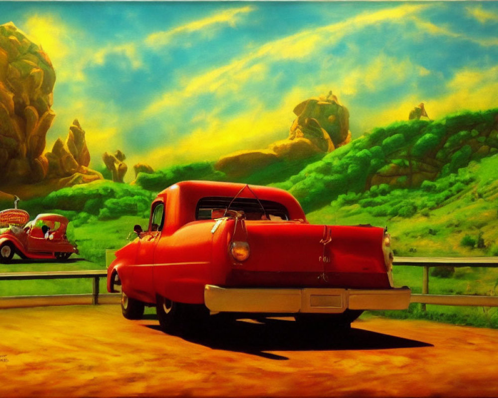 Vintage red pickup truck parked by rocky outcrops and green hills - serene countryside scene