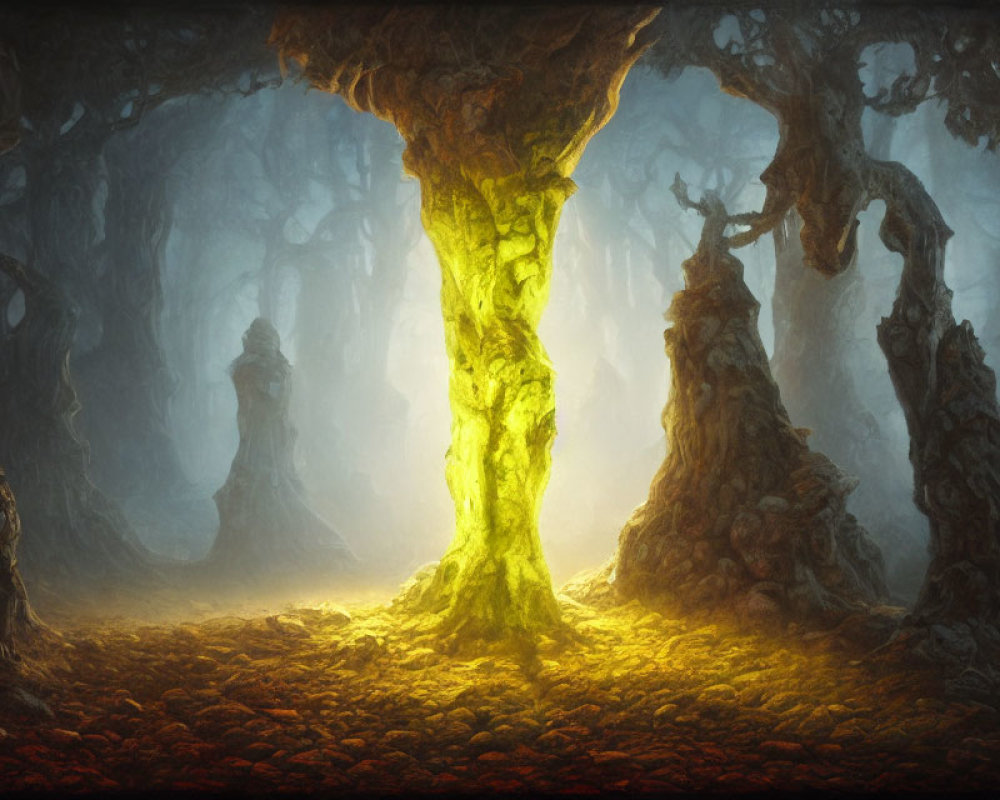 Ethereal forest scene with radiant illuminated tree surrounded by shadowy twisted trees