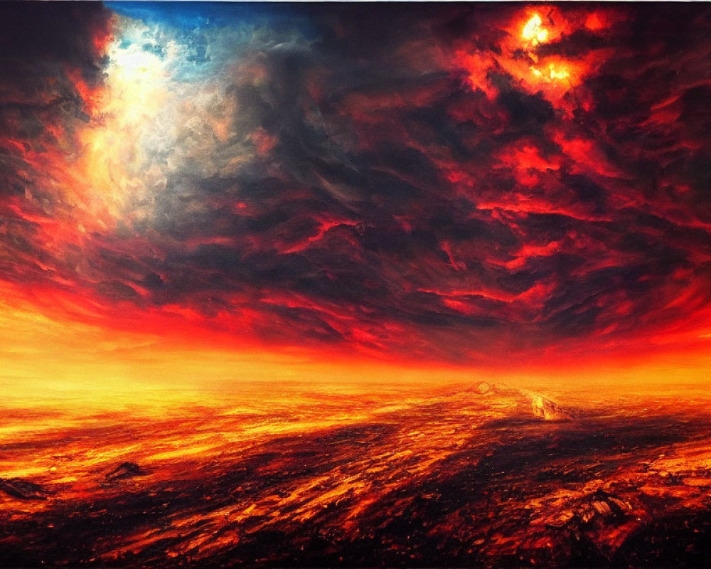 Vibrant red and orange sky over swirling clouds and blue light on molten ground