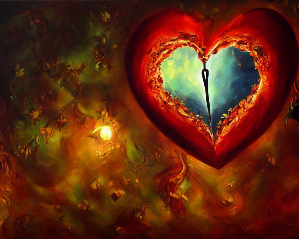 Colorful painting of heart-shaped aperture with flames, foliage, and woman's profile.