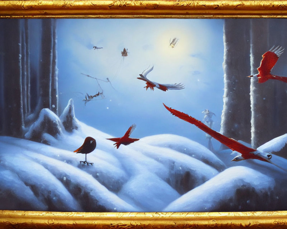 Birds in Snowy Forest: Golden Framed Painting