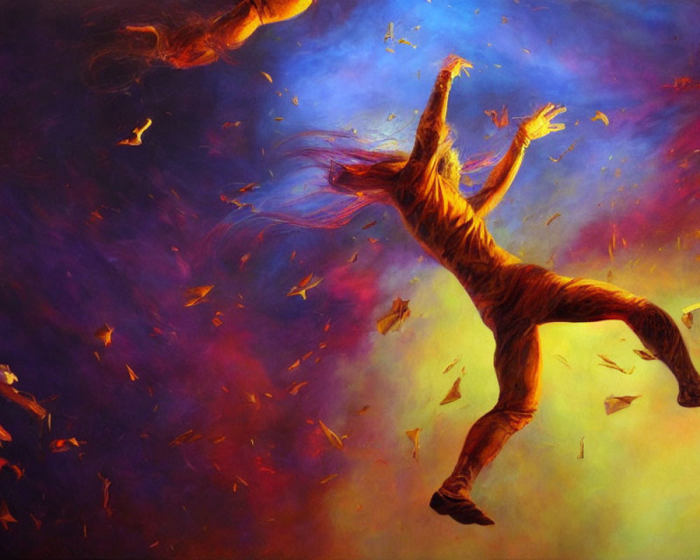 Colorful cosmic painting: Figure leaping in vibrant space