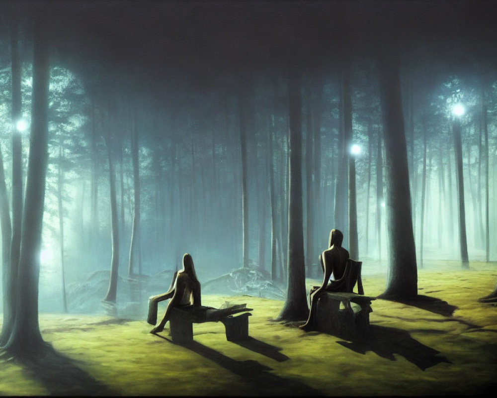 Silhouetted figures on benches in misty forest with light rays