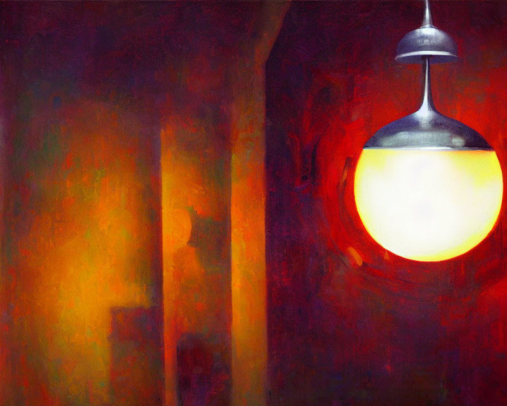 Abstract painting: Glowing light fixture in red and purple palette