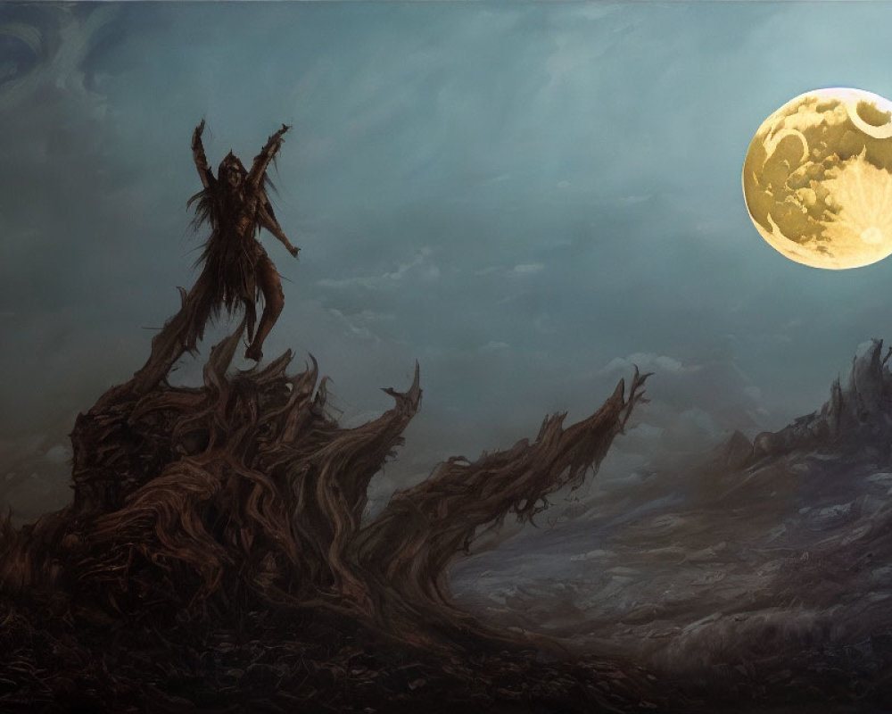 Fantastical image of robed figure under full moon