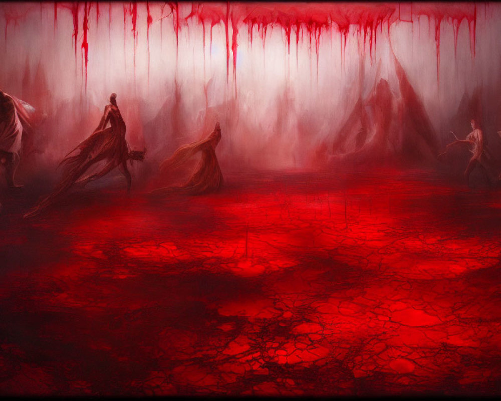 Red-Toned Artwork: Robed Figures in Desolate Landscape with Ominous Drapery