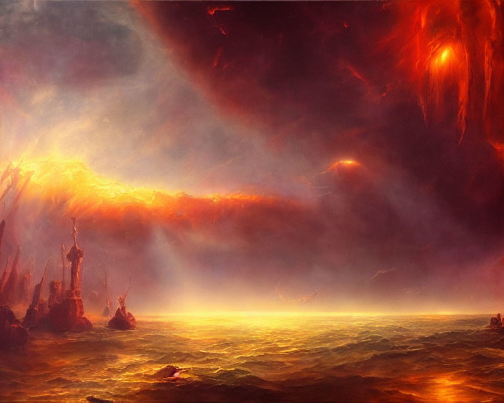 Dramatic fiery landscape with molten sea and red sky