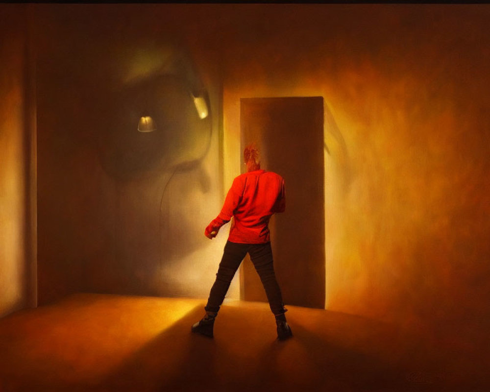 Person in Red Hoodie Casting Shadow in Front of Brightly Illuminated Door