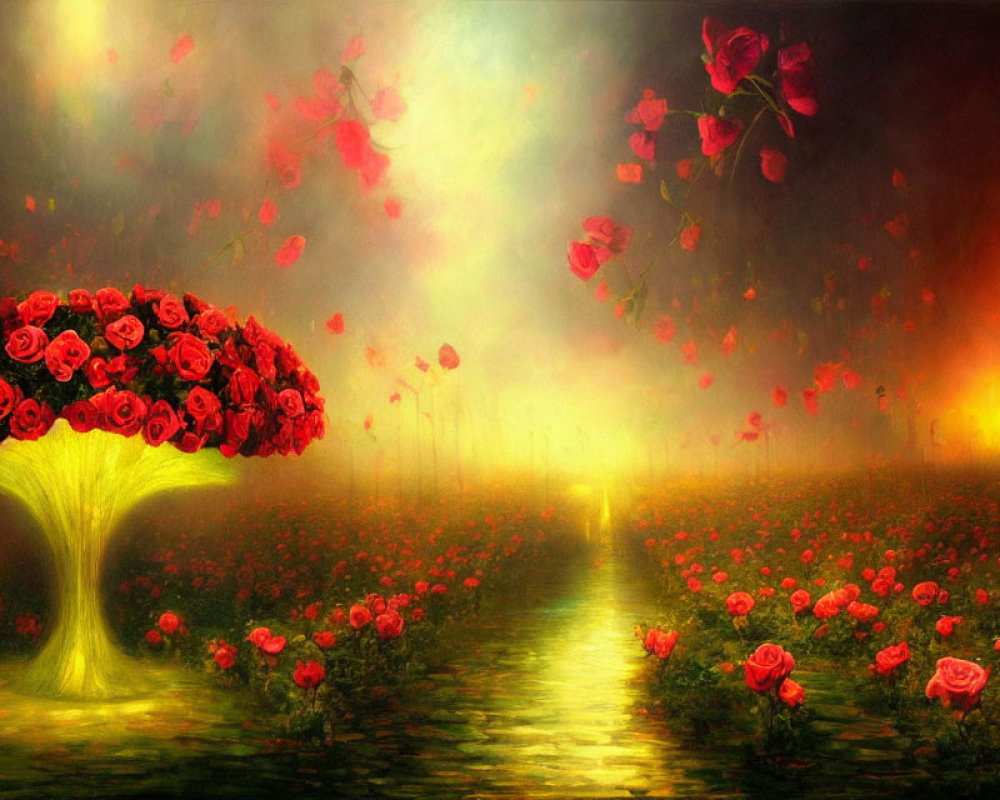 Fantastical painting of glowing path lined by rose bushes and tree with red rose canopy under misty