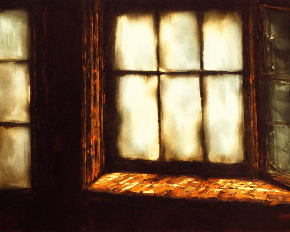 Warm-Toned Painting of Illuminated Window in Dark Room