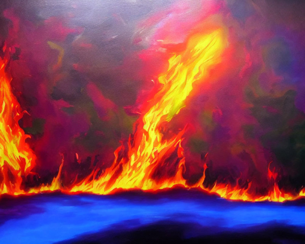 Vivid orange and yellow flames on dark purple and blue background