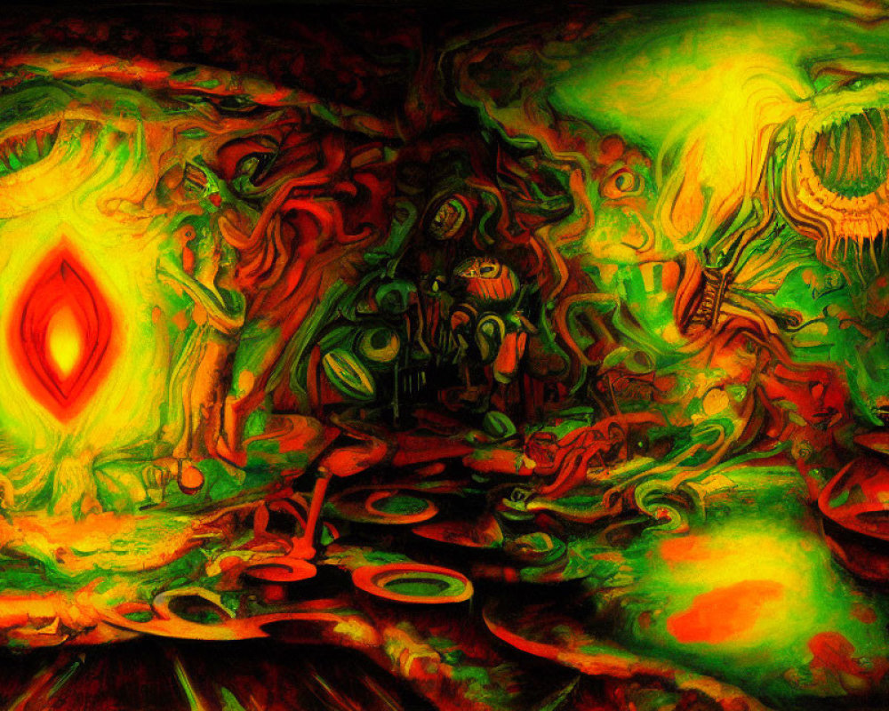 Colorful Abstract Painting with Swirling Patterns in Red, Green, and Yellow