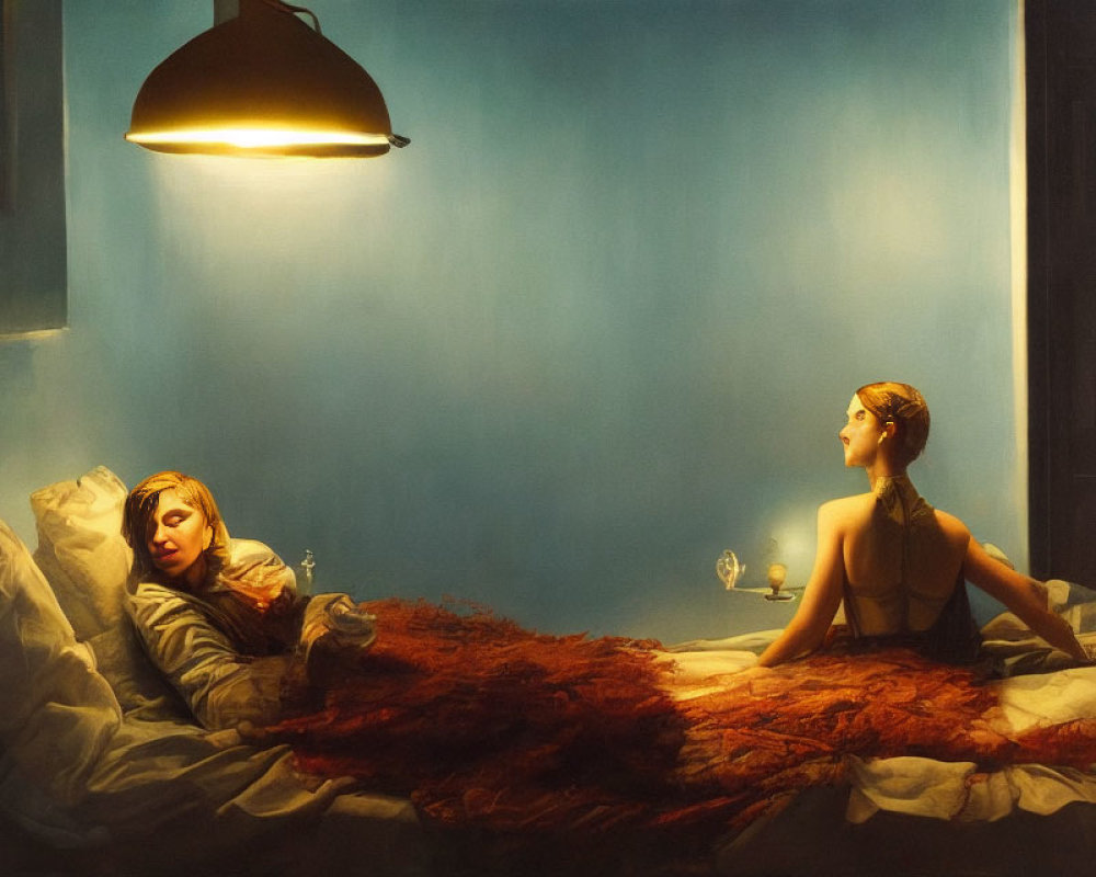 Two women in bedroom with blue walls, one sleeping and one sitting pensively with a glass.