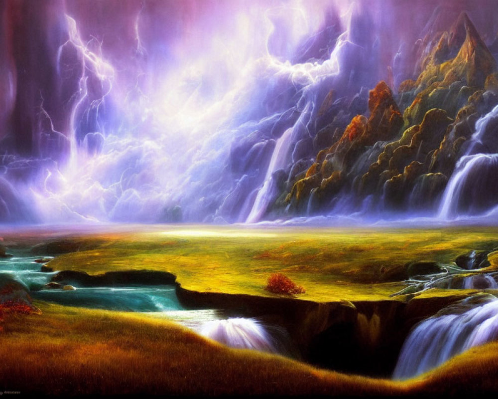 Vibrant green fields, waterfalls, crimson trees, and a dramatic purple sky with lightning.