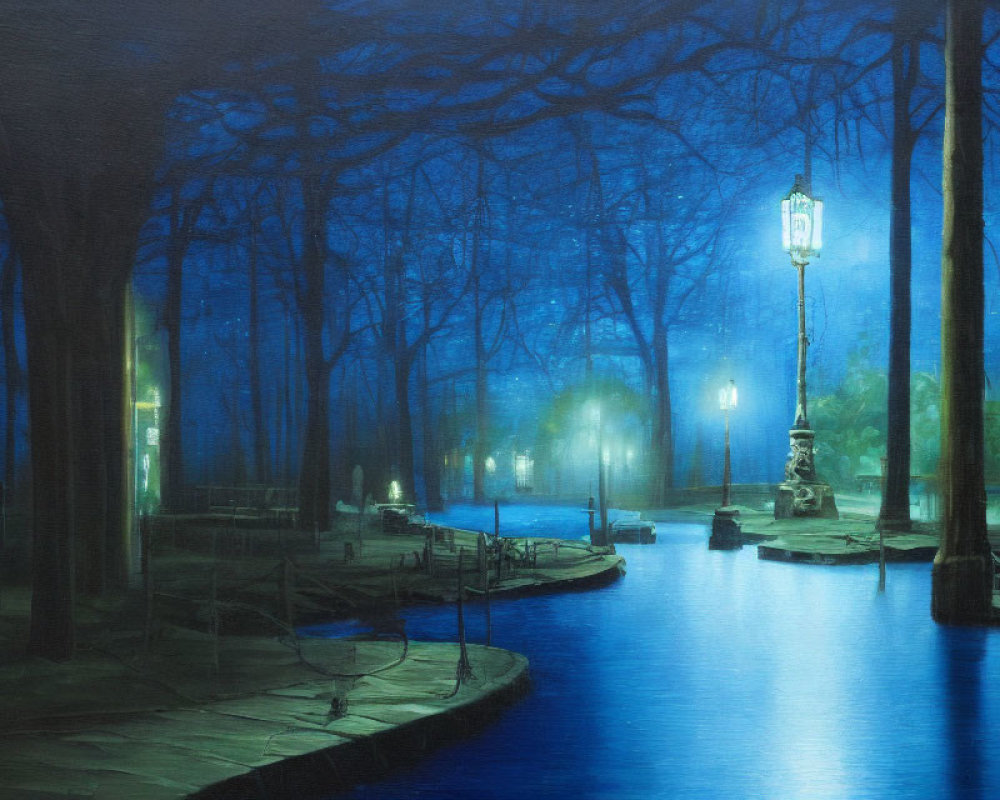 Serene Blue-Toned Park Nighttime Scene with Glowing Street Lamps