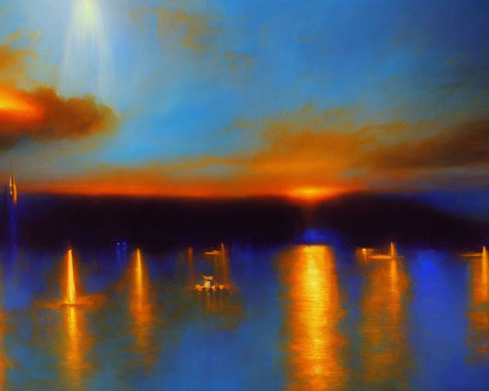 Tranquil sunset painting with sailboats and city skyline reflections