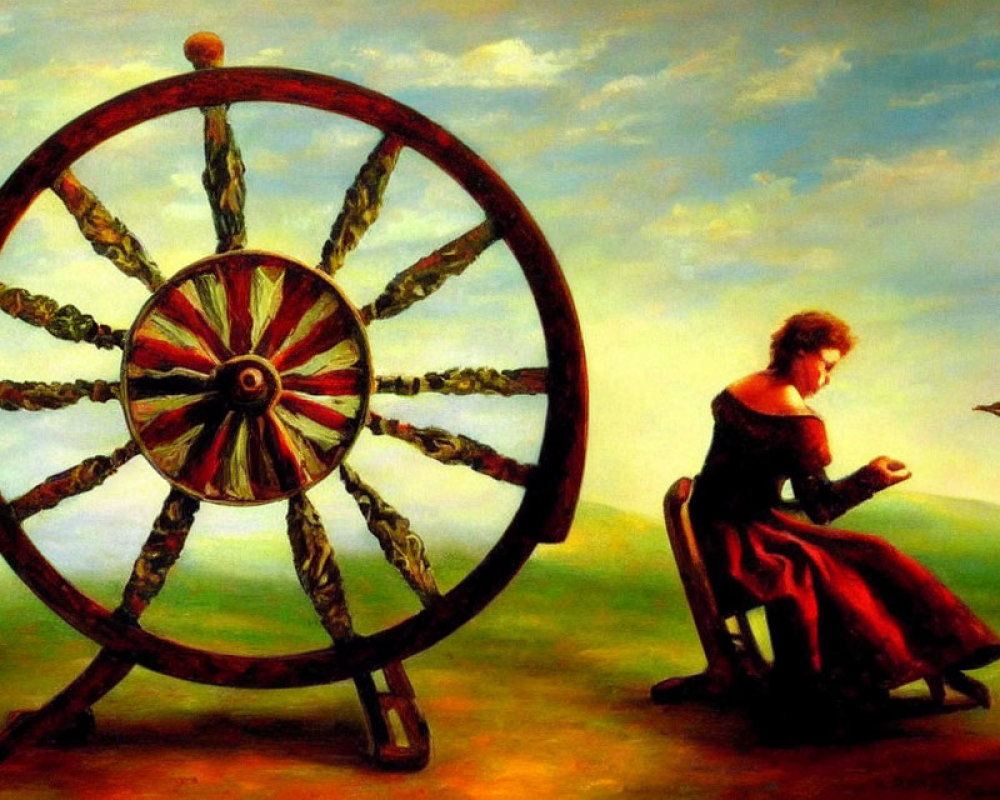 Woman in red dress by spinning wheel on grassy hill at dusk with bird.