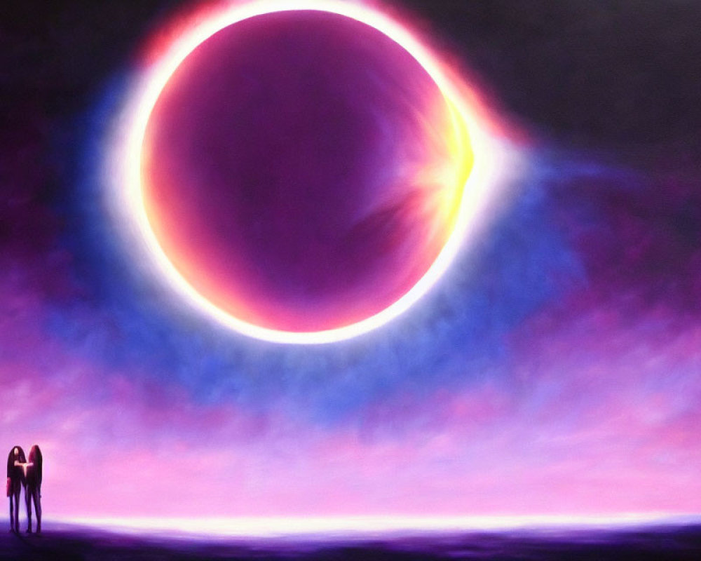 Two individuals in front of a glowing eclipse in a purple dreamscape