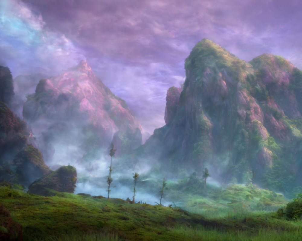 Lush Greenery, Purple Mountains, and Mystical Sky Landscape