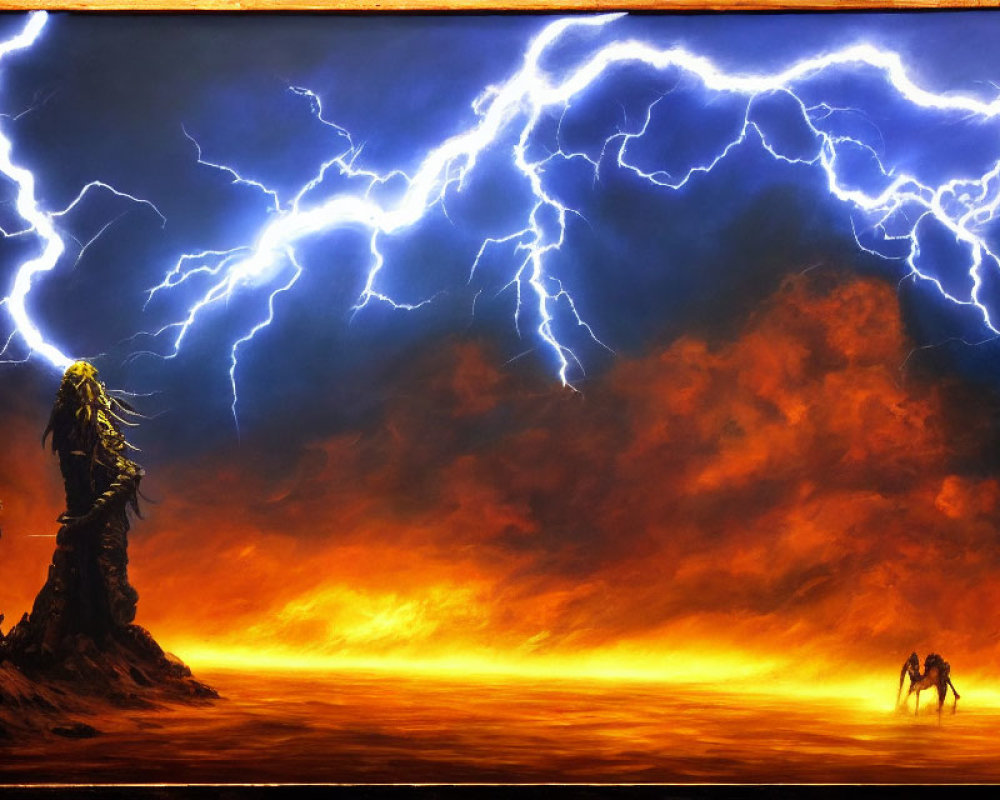 Intense lightning above figure on horseback in stormy scene