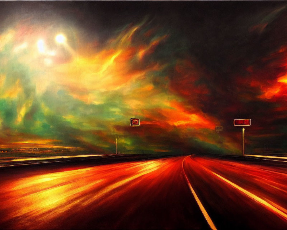 Colorful painting of road under fiery red sunset skies with sun and road signs visible