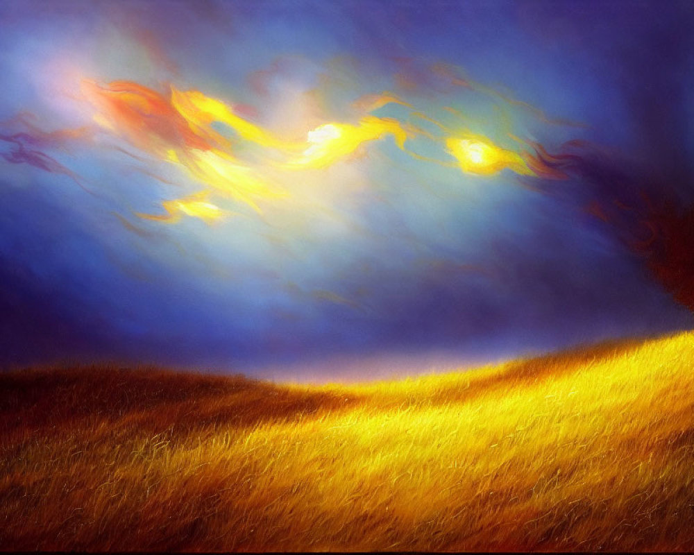 Golden Field Under Vibrant Blue Sky with Fiery Red and Orange Clouds