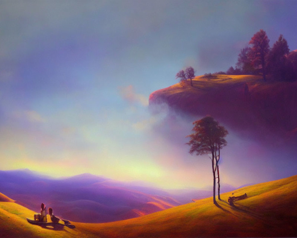 Tranquil landscape with rolling hills, two people, and lone tree