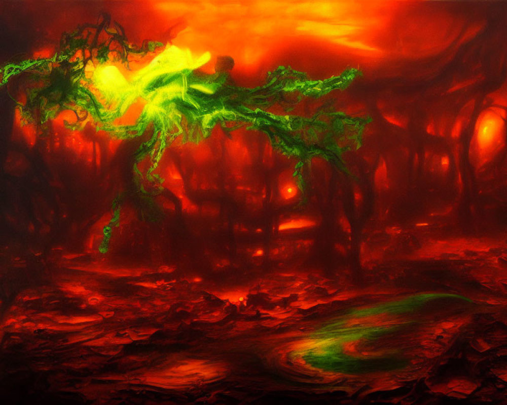 Fiery red skies, dark trees, and ethereal figure in hellish landscape