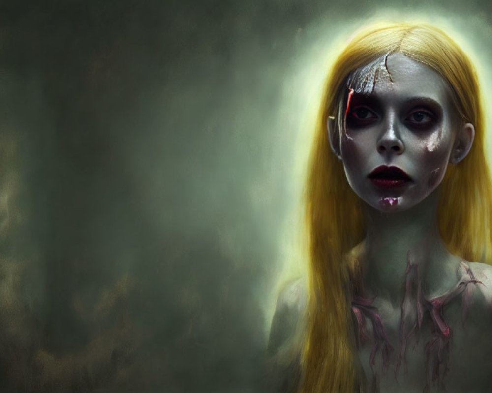 Pale figure with yellow hair, haunting eyes, dark makeup, scars, and dermal gem.